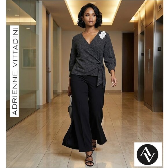 ADRIENNE VITTADINI - Pullover gray wrap sweater with front sequin detail - Picture 2 of 9